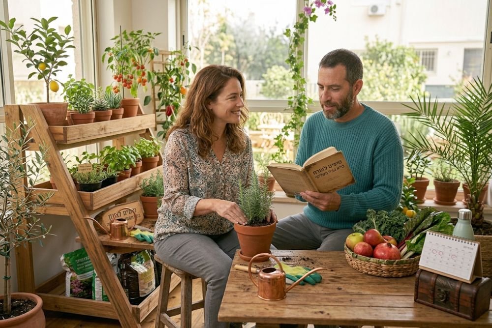 זוג יושב בגינה ביתית