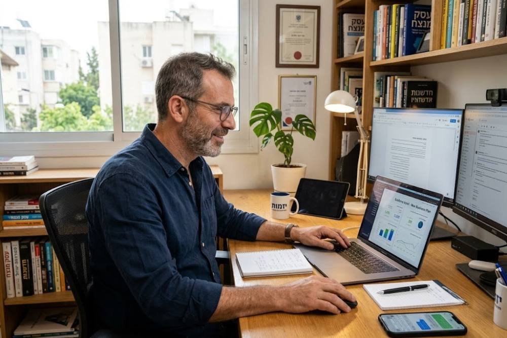 יזם בן 50 עובד על עסק חדש במשרד ביתי