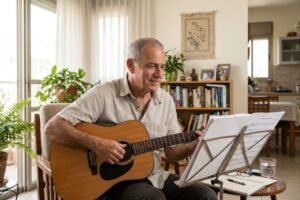 גבר לומד נגינה על גיטרה