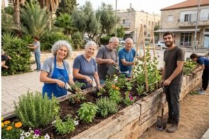קבוצת מבוגרים מתנדבים בשתילת עדניות